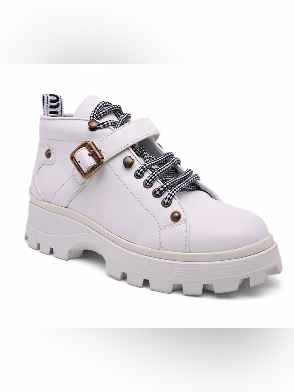 Miu Miu White Platform Lace-Up Ankle Boot with Buckle Detail